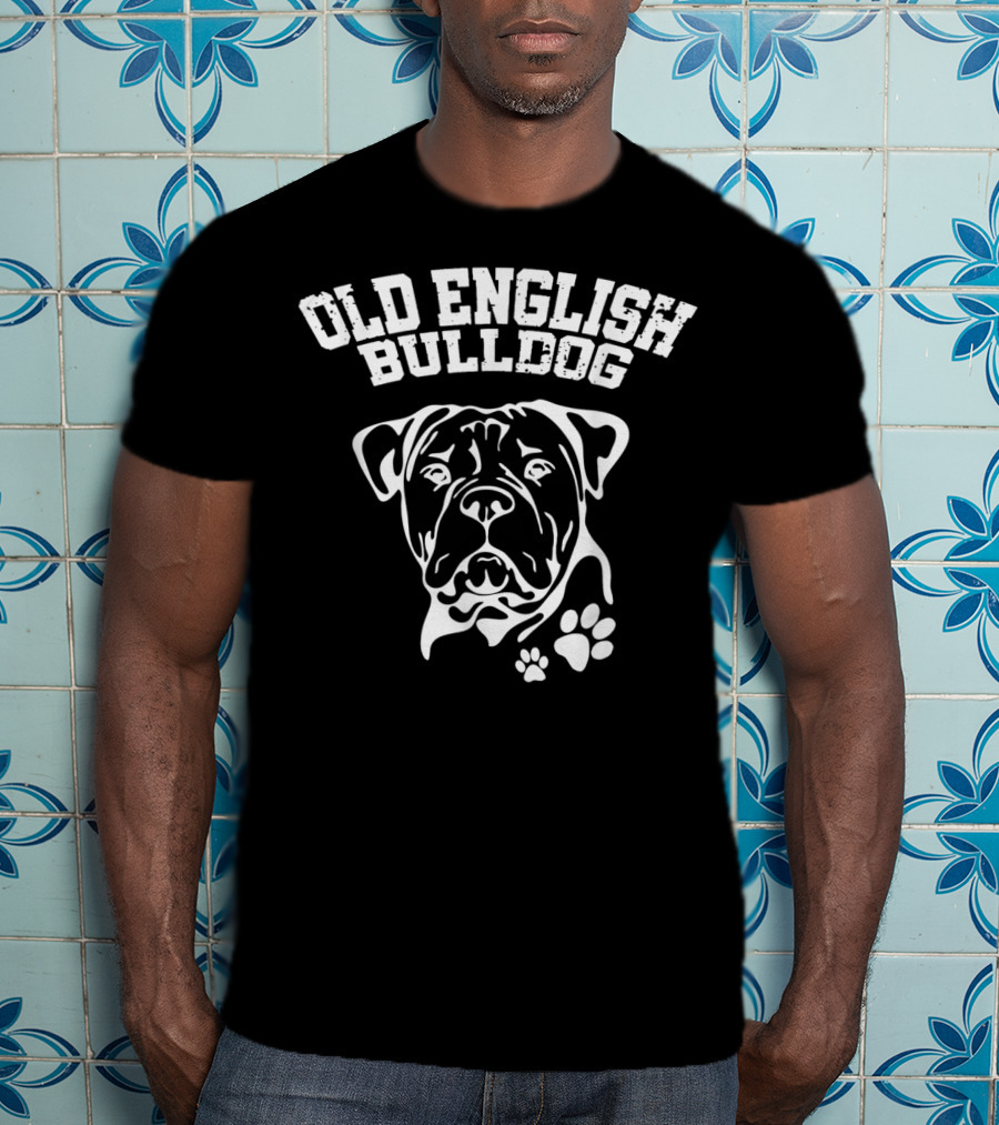 Old English Bulldog Illustration With Text And Paw Prints T-Shirt