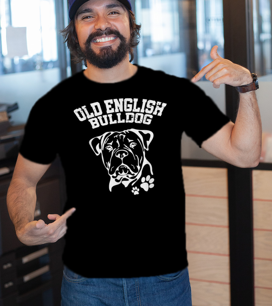 Old English Bulldog Illustration With Text And Paw Prints T-Shirt