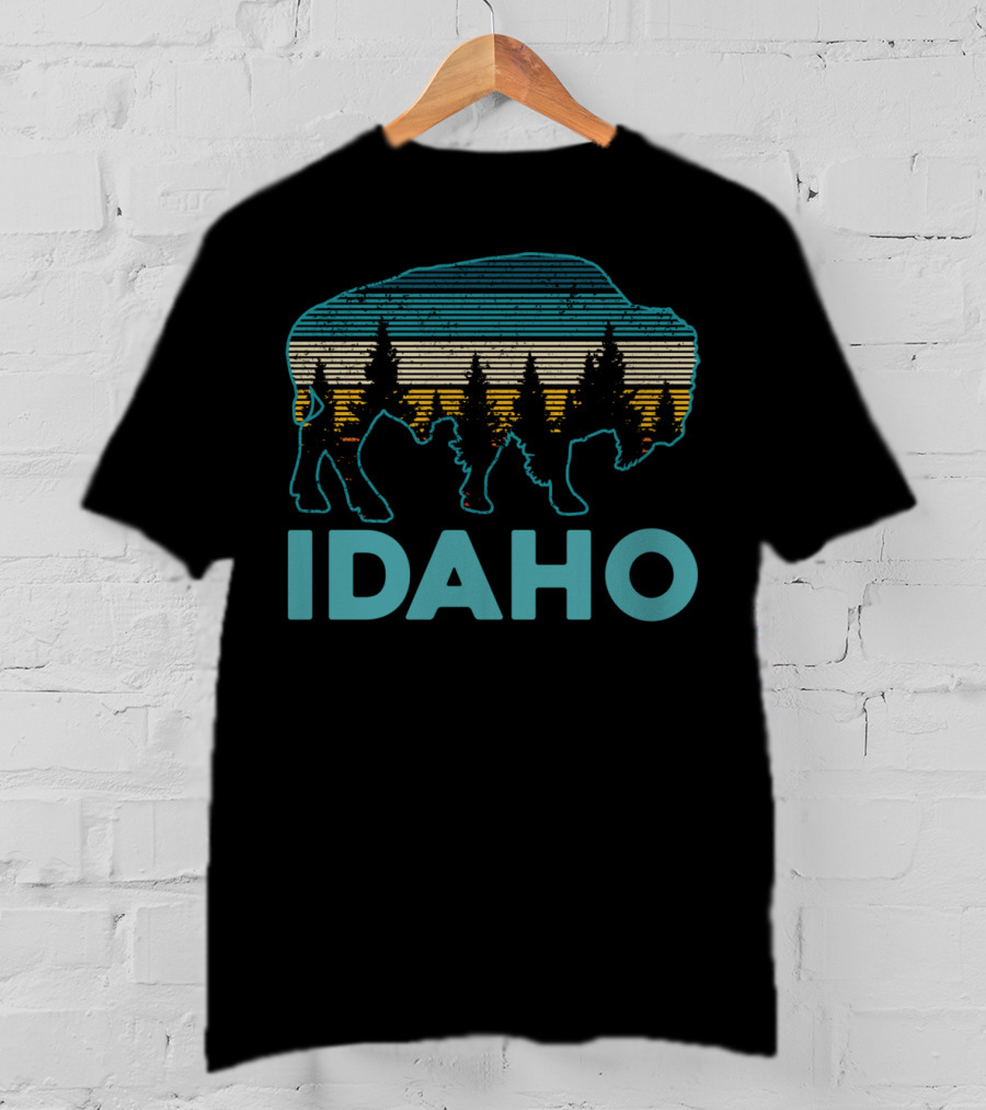 Idaho Bison Vintage American Buffalo Silhouette With Forest And Stripes T-Shirt
