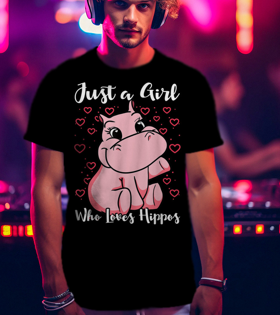 Just A Girl Who Loves Hippos Cute Animal Pink Hearts T-Shirt