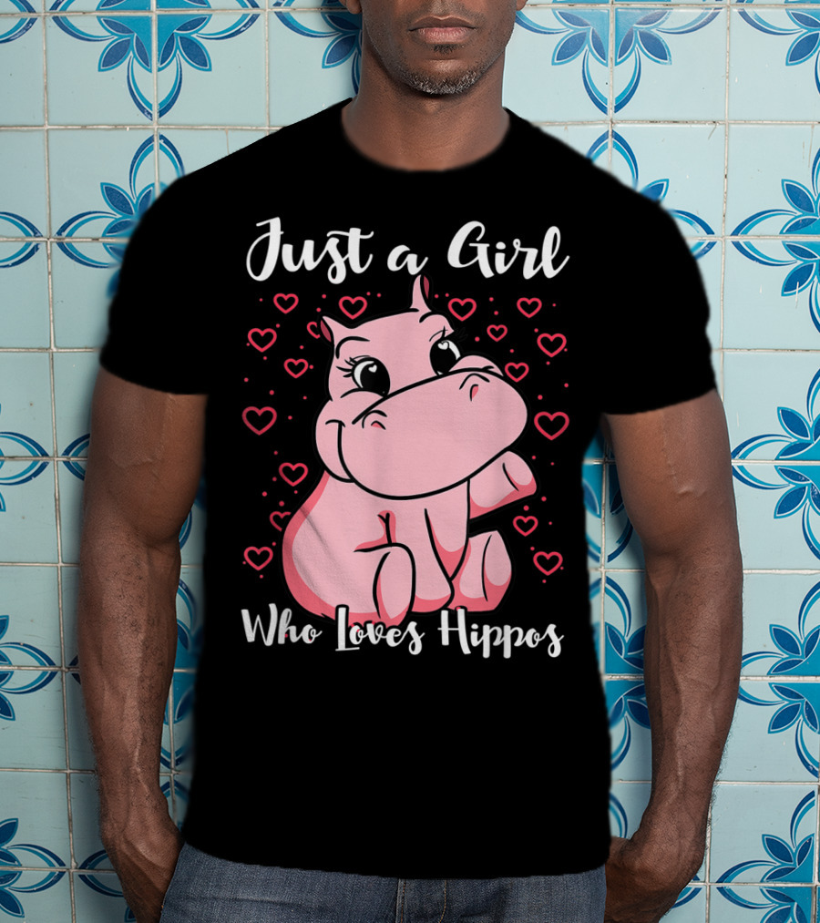 Just A Girl Who Loves Hippos Cute Animal Pink Hearts T-Shirt