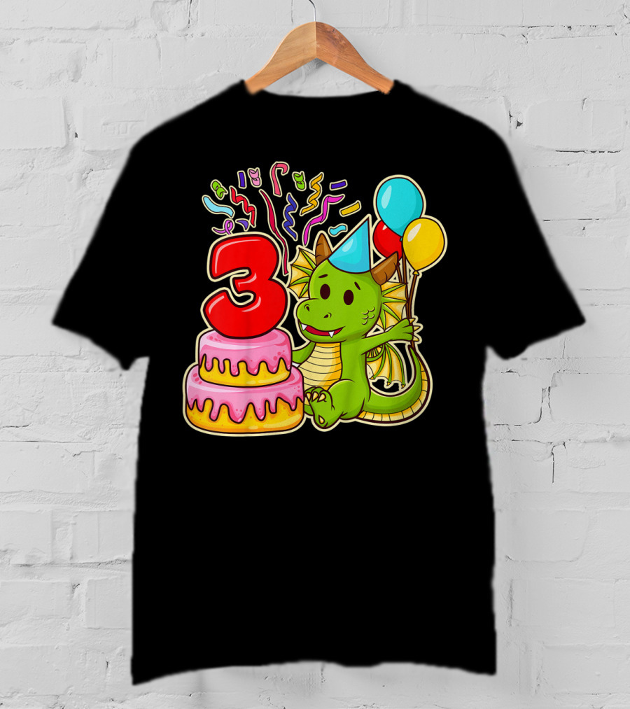 Kids 3rd Birthday Dragon Party Cake Balloons Confetti 3 Year Old T-Shirt