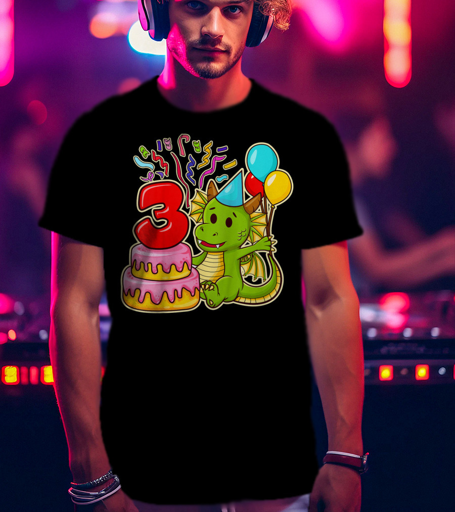 Kids 3rd Birthday Dragon Party Cake Balloons Confetti 3 Year Old T-Shirt