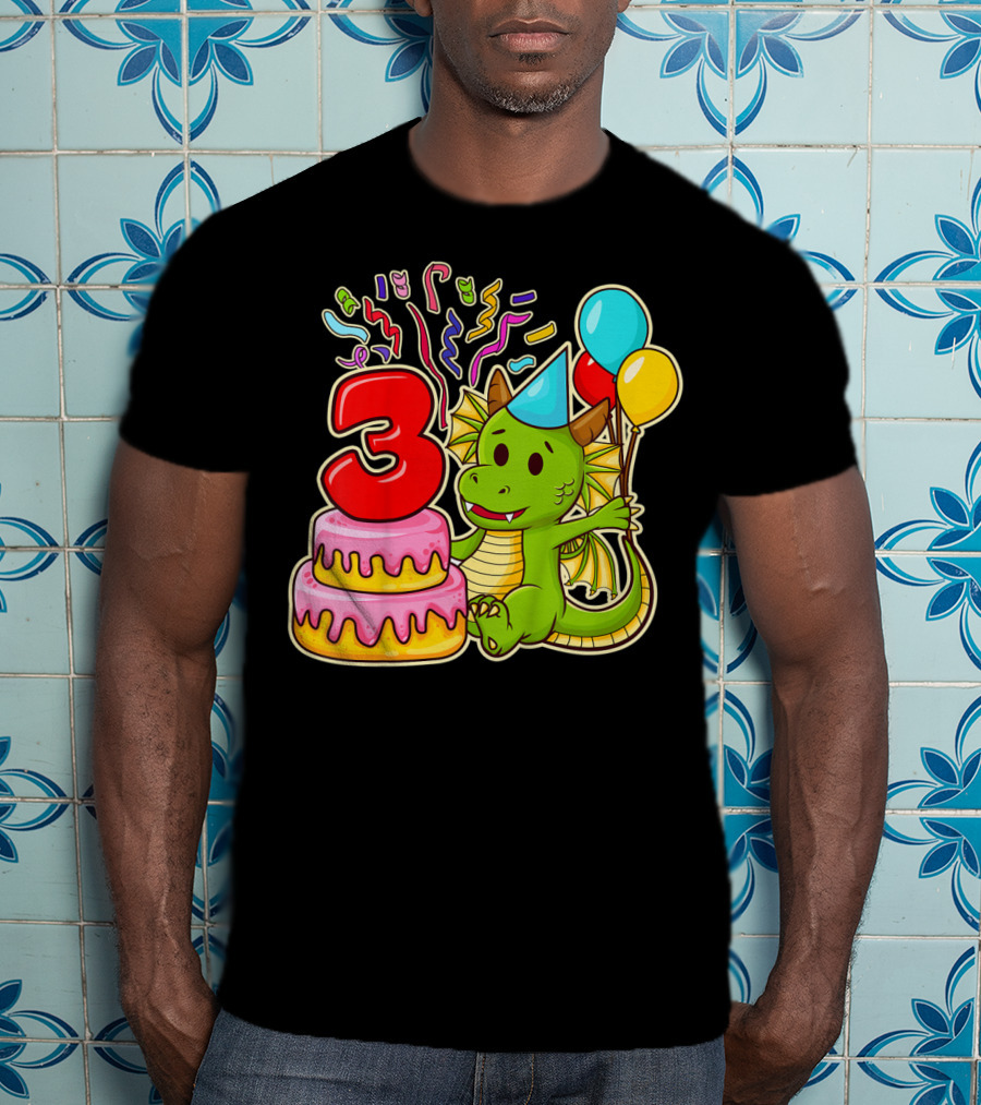 Kids 3rd Birthday Dragon Party Cake Balloons Confetti 3 Year Old T-Shirt
