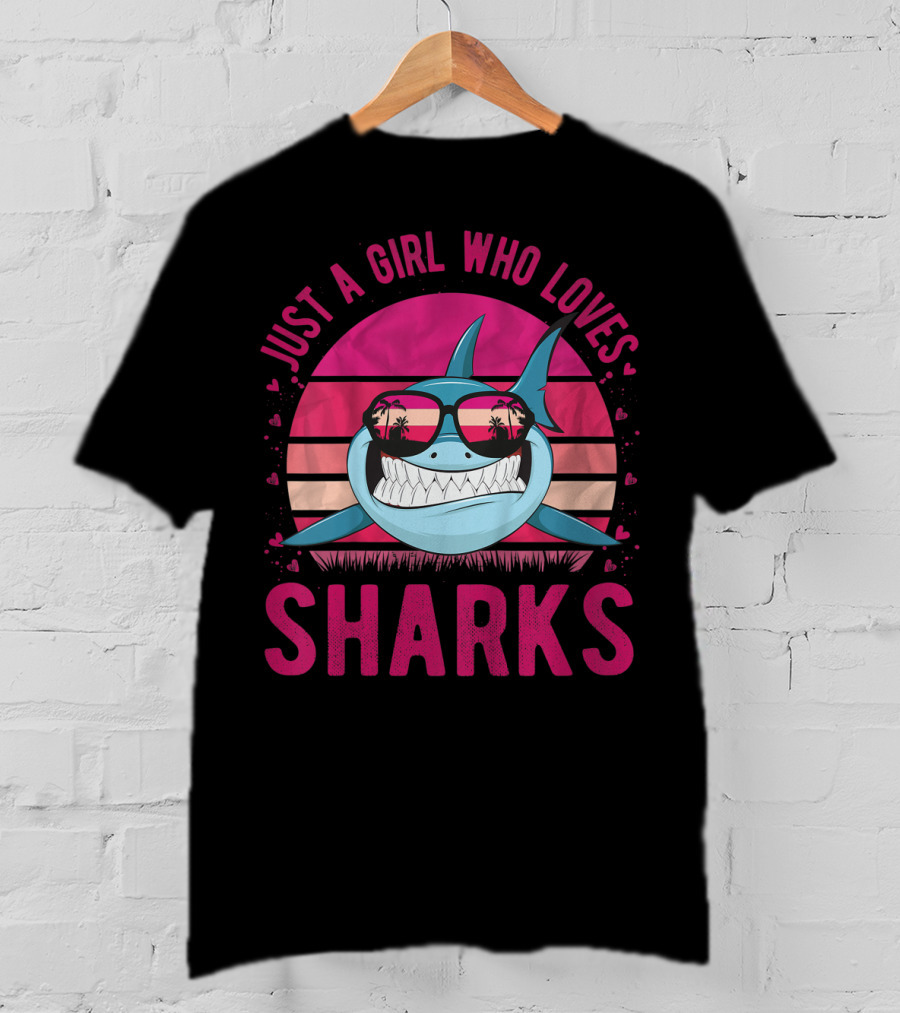 Just A Girl Who Loves Sharks Retro Sunset T-Shirt
