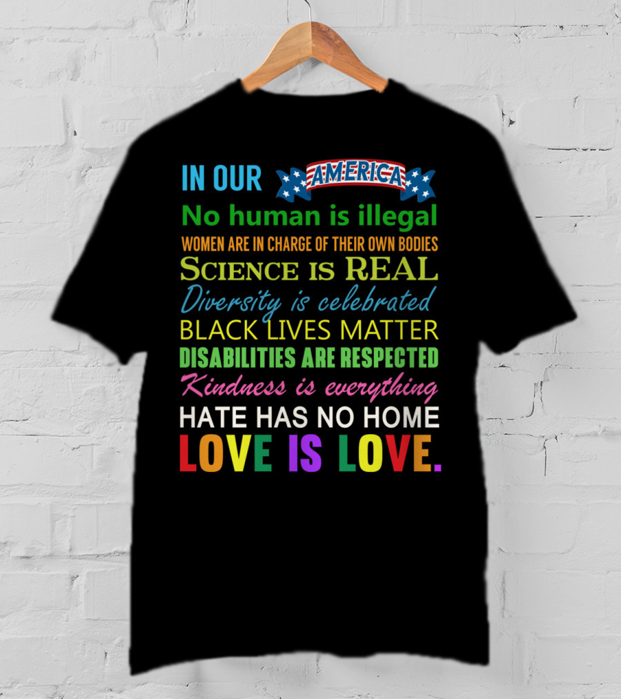 In Our America No Human Is Illegal Women In Charge Science Is Real Diversity Black Lives Disabilities Kindness Everything Hate Love Is Love T-Shirt