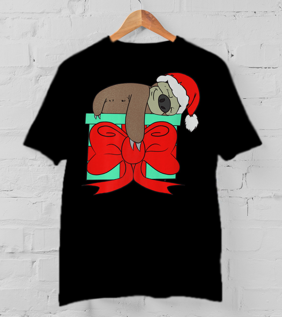Lazy Christmas Sloth With Santa Hat And Gift Box Cute Funny Love It T-Shirt