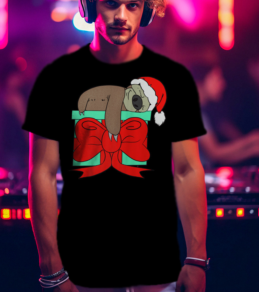 Lazy Christmas Sloth With Santa Hat And Gift Box Cute Funny Love It T-Shirt