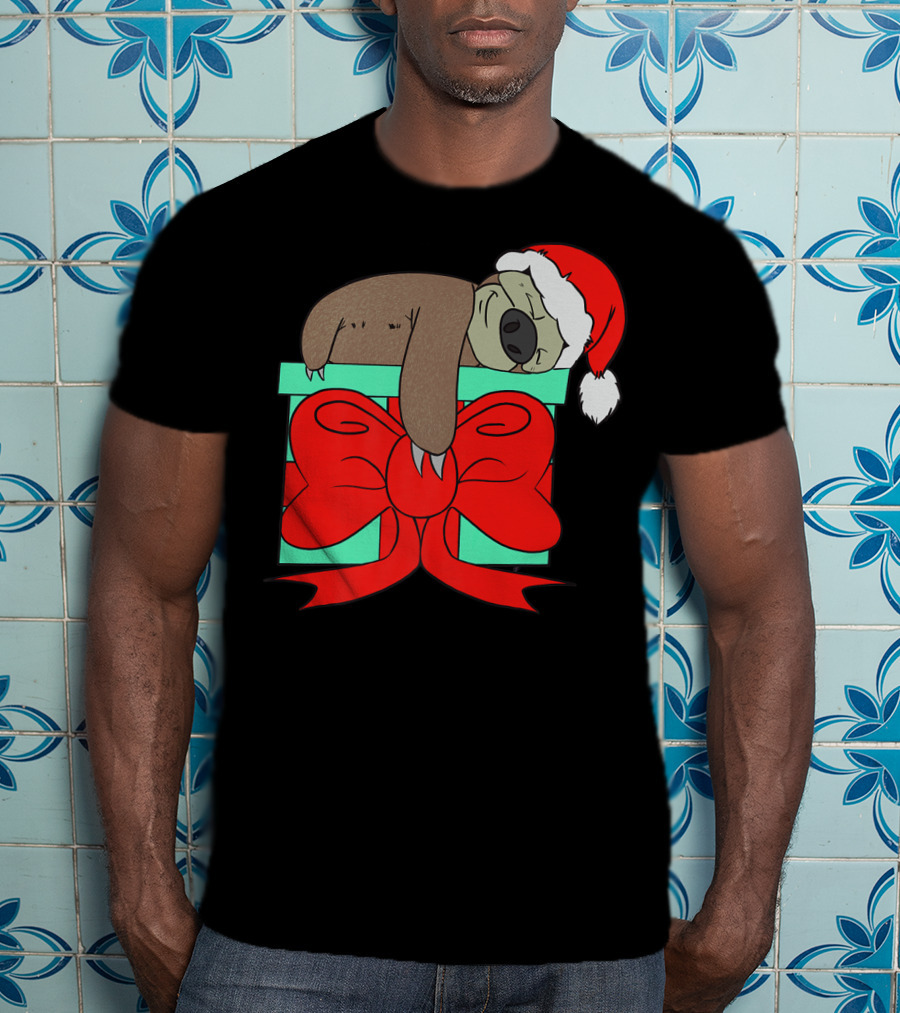 Lazy Christmas Sloth With Santa Hat And Gift Box Cute Funny Love It T-Shirt
