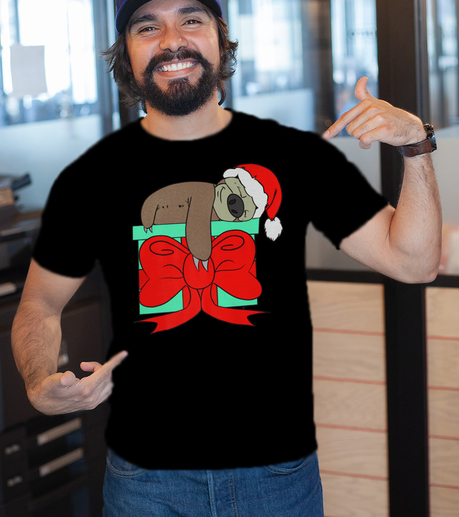 Lazy Christmas Sloth With Santa Hat And Gift Box Cute Funny Love It T-Shirt