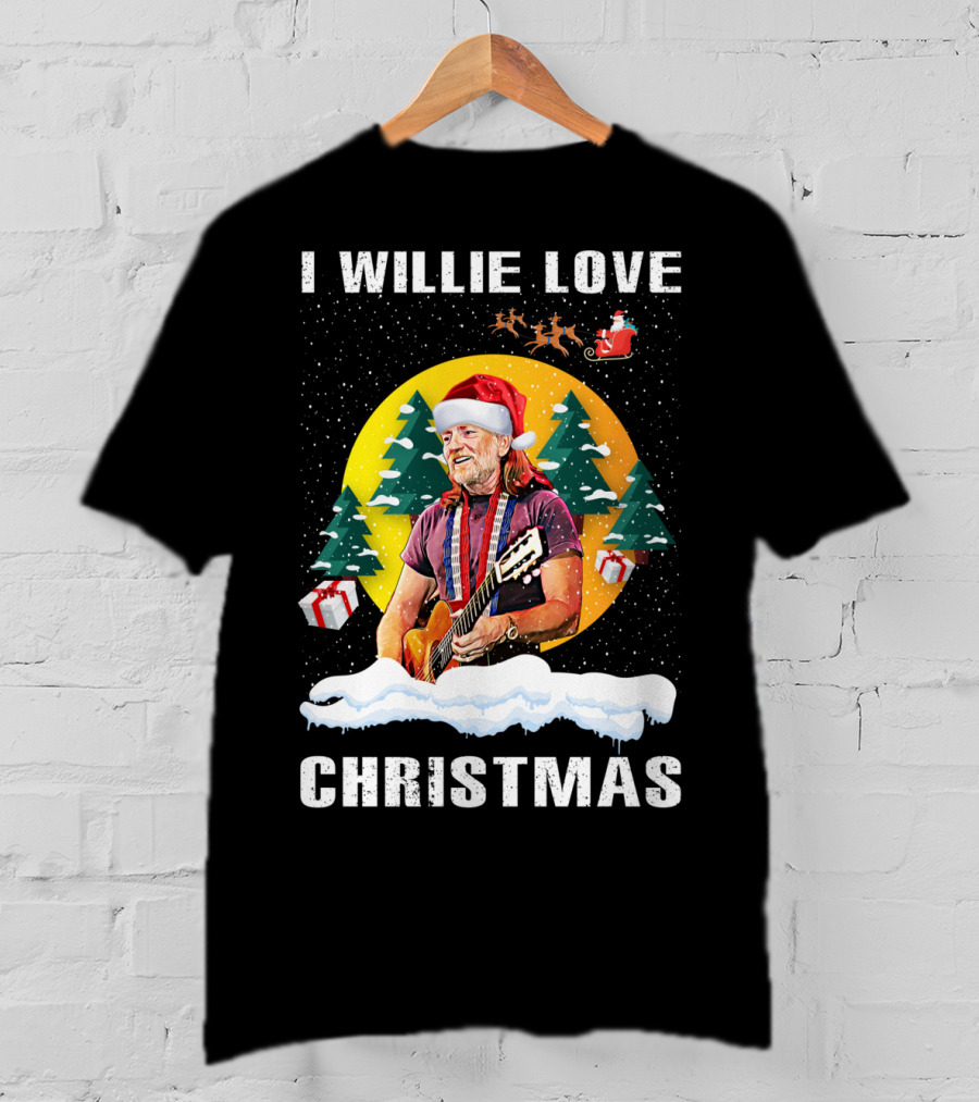 I Willie Love Christmas Santa Hat Guitar Snow Scene T-Shirt