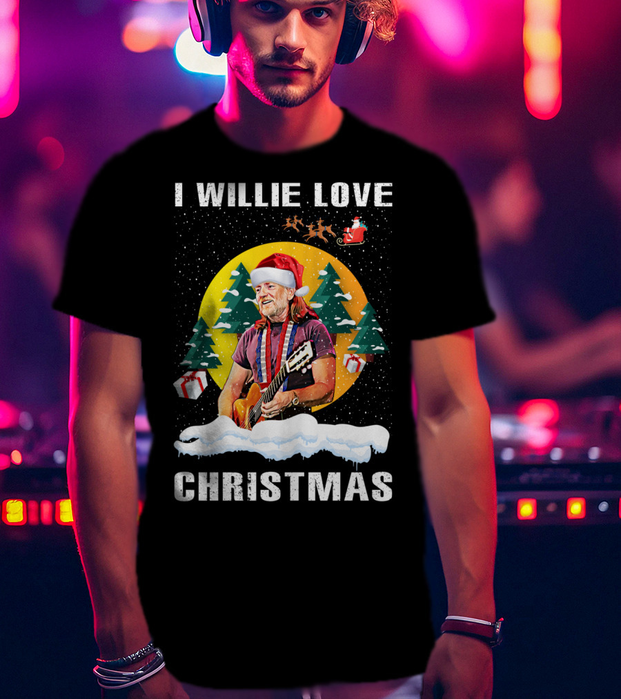I Willie Love Christmas Santa Hat Guitar Snow Scene T-Shirt