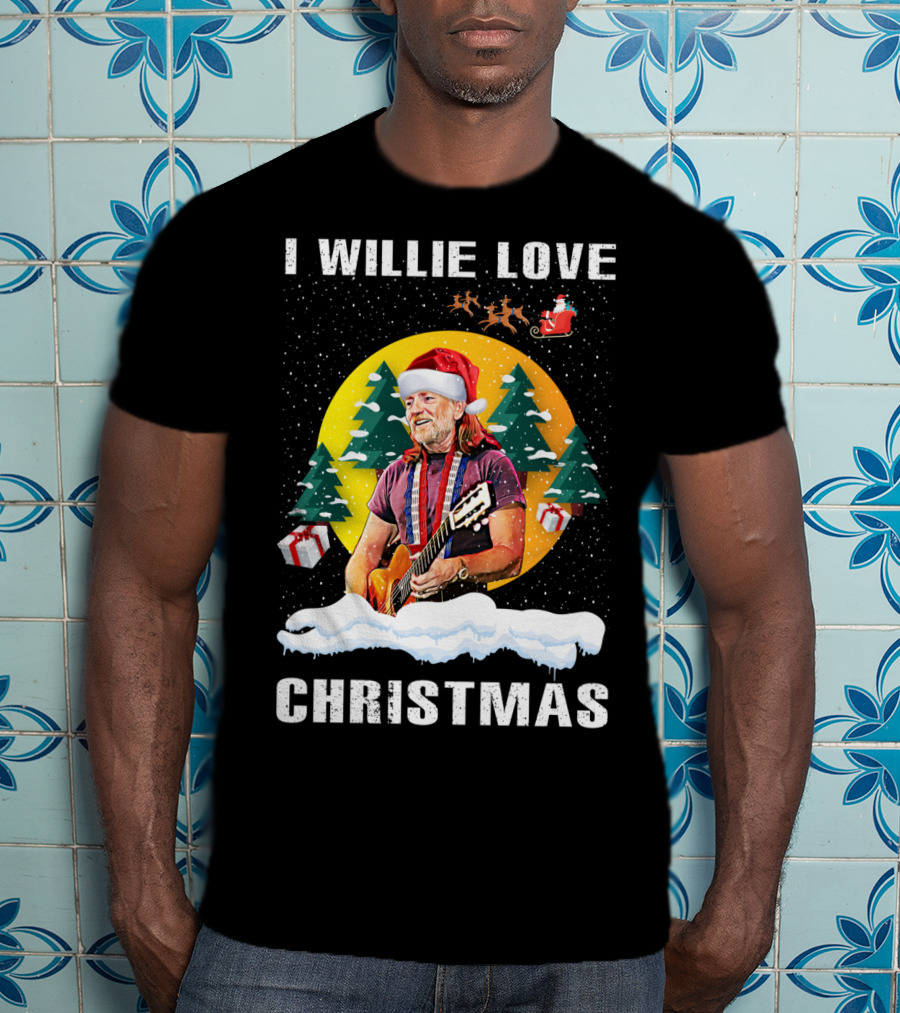 I Willie Love Christmas Santa Hat Guitar Snow Scene T-Shirt