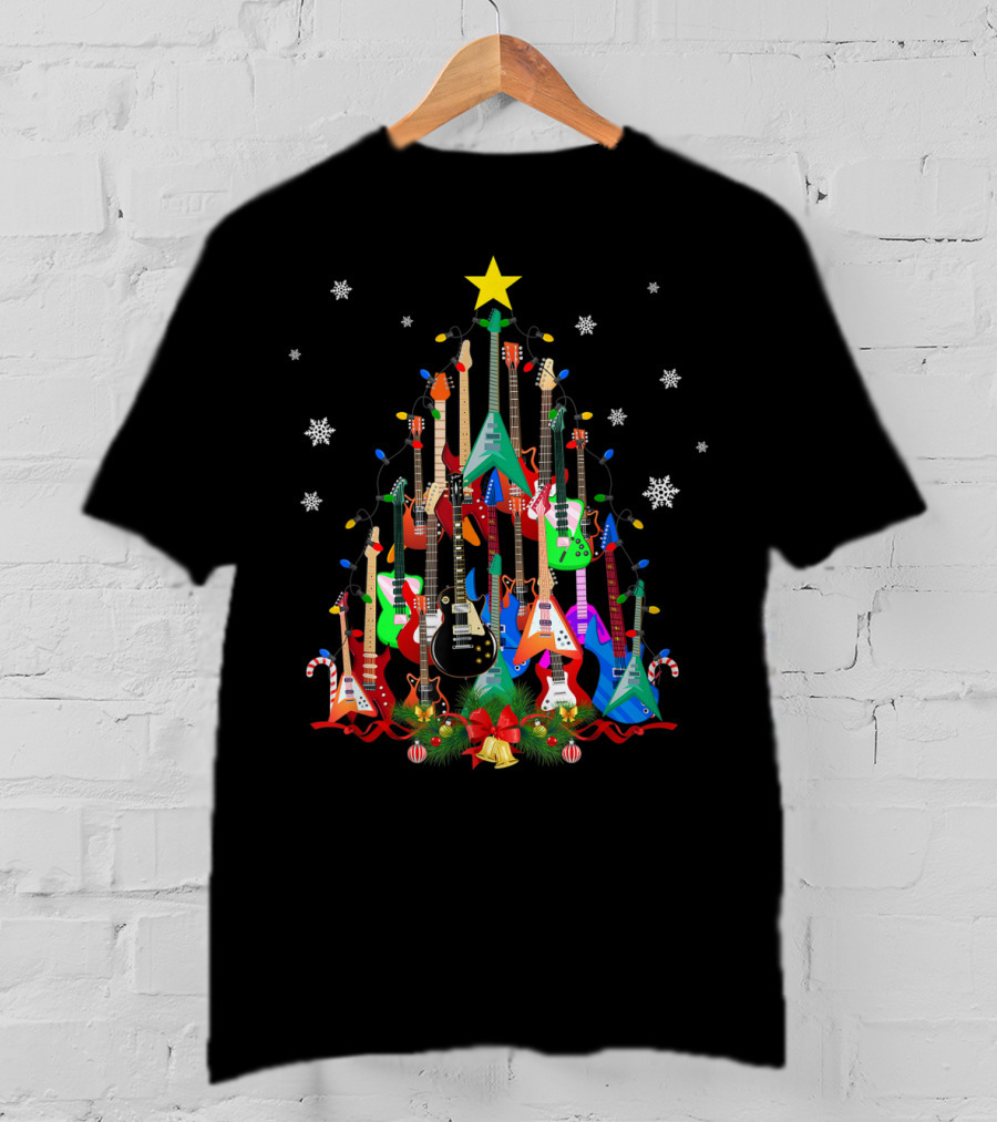 Mens Womens Guitar Christmas Tree Star Candy Canes Snowflakes Holiday Lights T-Shirt