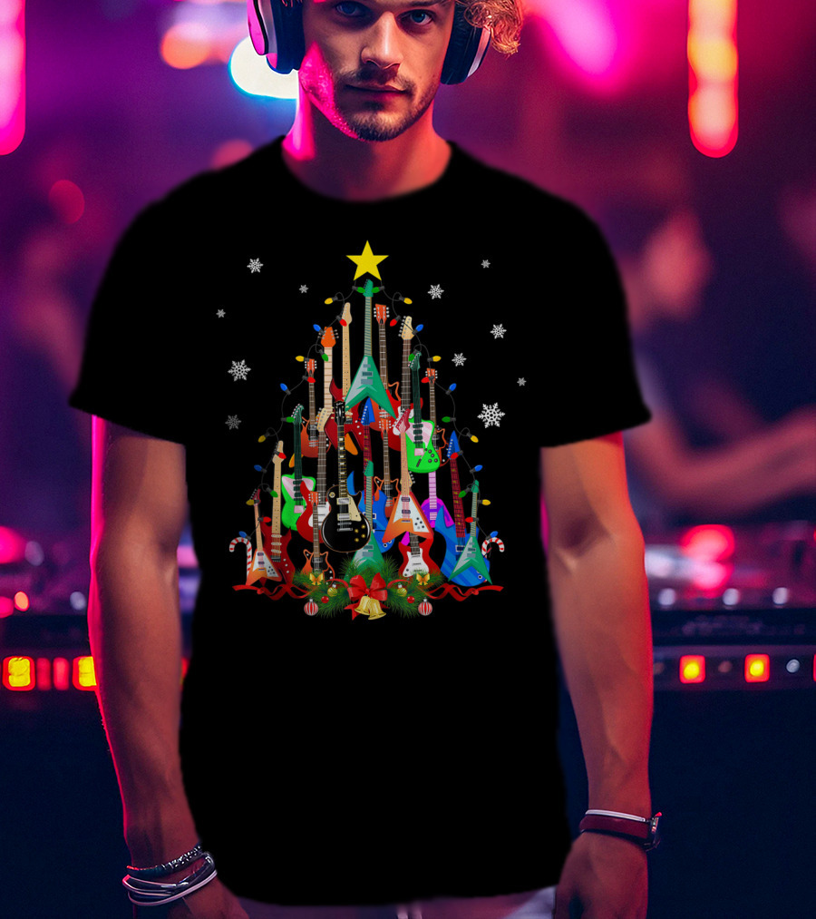 Mens Womens Guitar Christmas Tree Star Candy Canes Snowflakes Holiday Lights T-Shirt