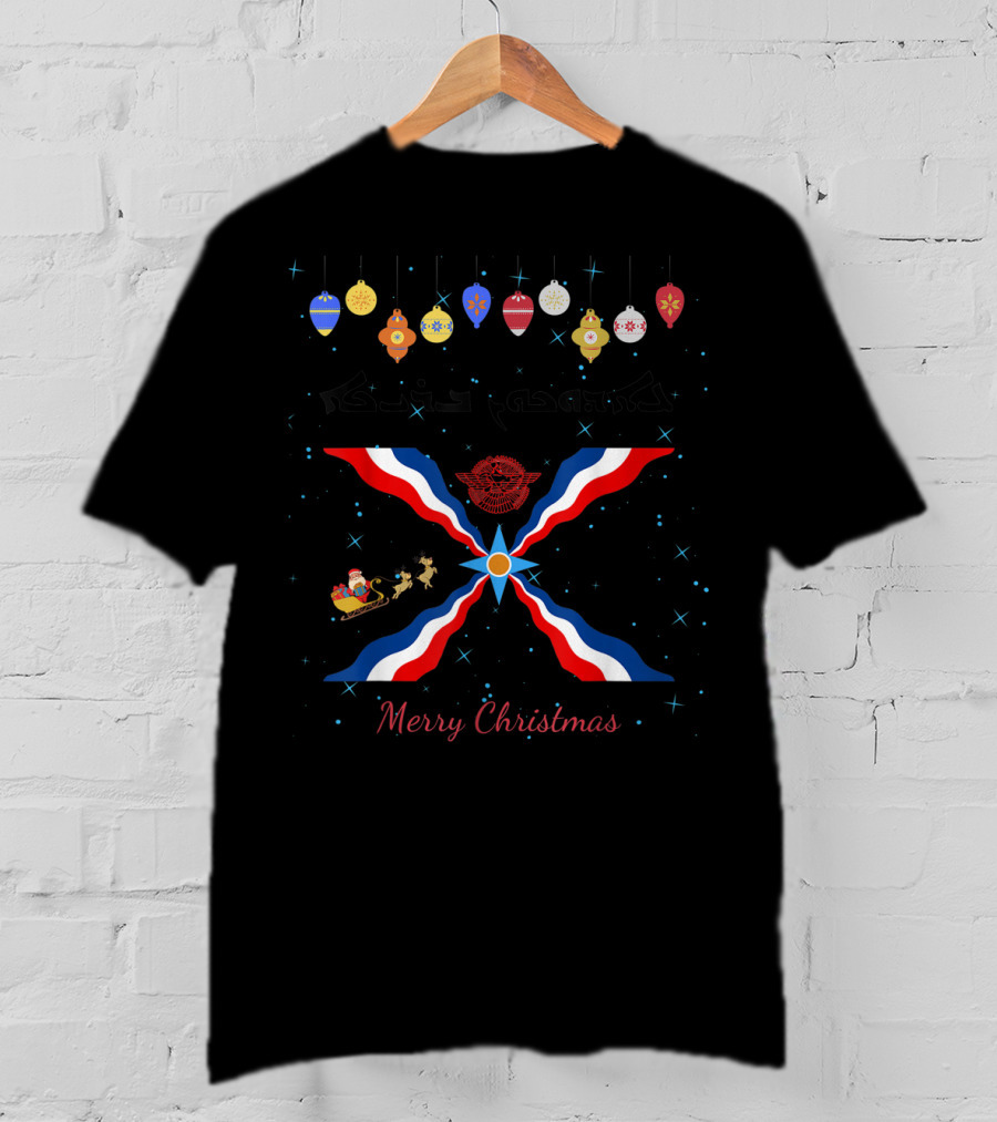 Merry Christmas Aramaic Eedokhoon Breekhaa Festive Ornaments And Assyrian Flag With Santa Sleigh T-Shirt