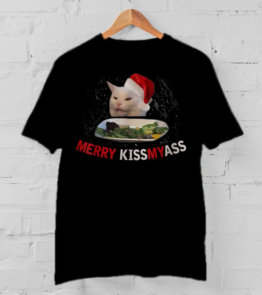 Merry Kissmyass Smudge Cat Funny Xmas Family Santa Hat T-Shirt