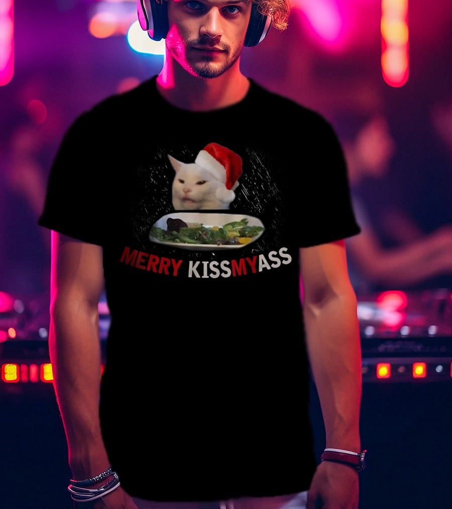 Merry Kissmyass Smudge Cat Funny Xmas Family Santa Hat T-Shirt