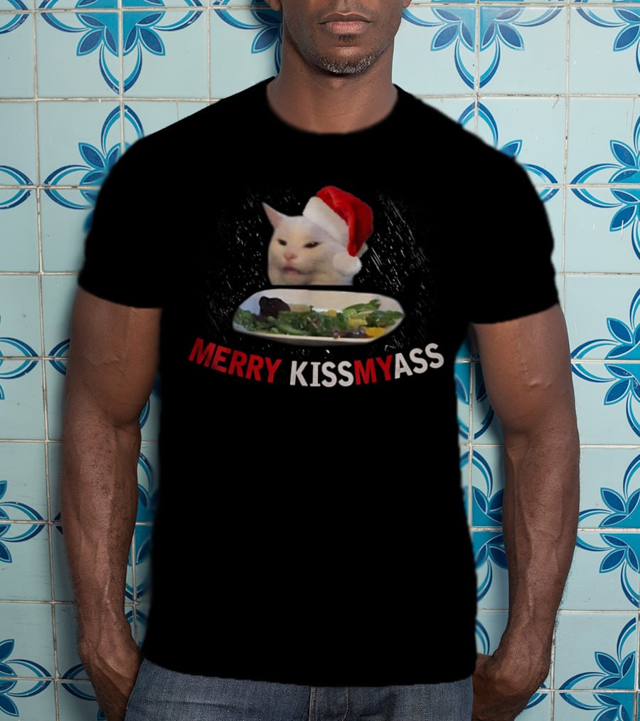 Merry Kissmyass Smudge Cat Funny Xmas Family Santa Hat T-Shirt