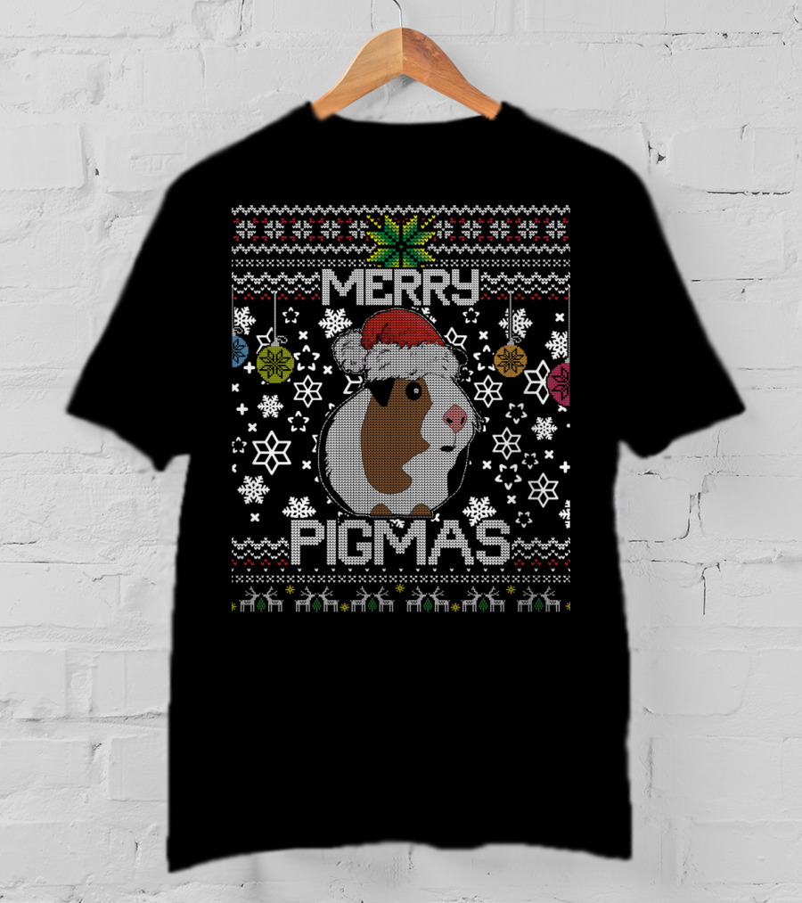 Merry Pigmas Ugly Christmas Humor With Santa Hat Guinea Pig And Snowflakes T-Shirt