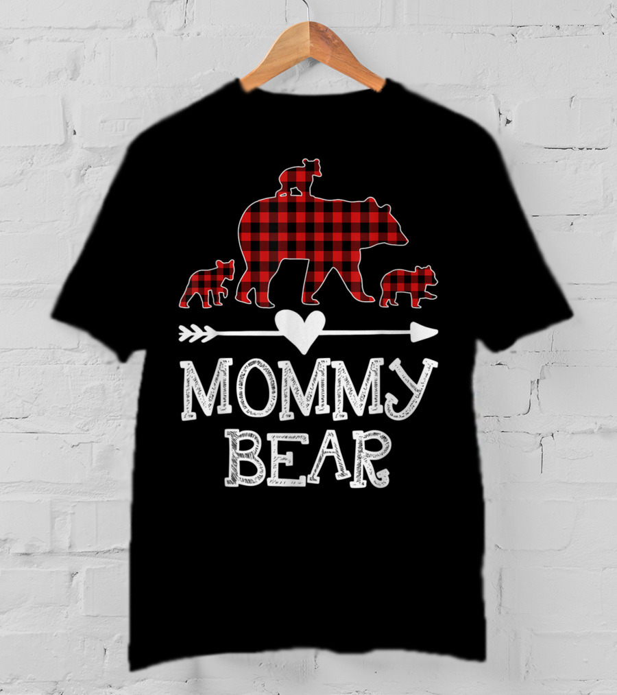 Mommy Bear Red Plaid Three Cubs Heart Arrow T-Shirt