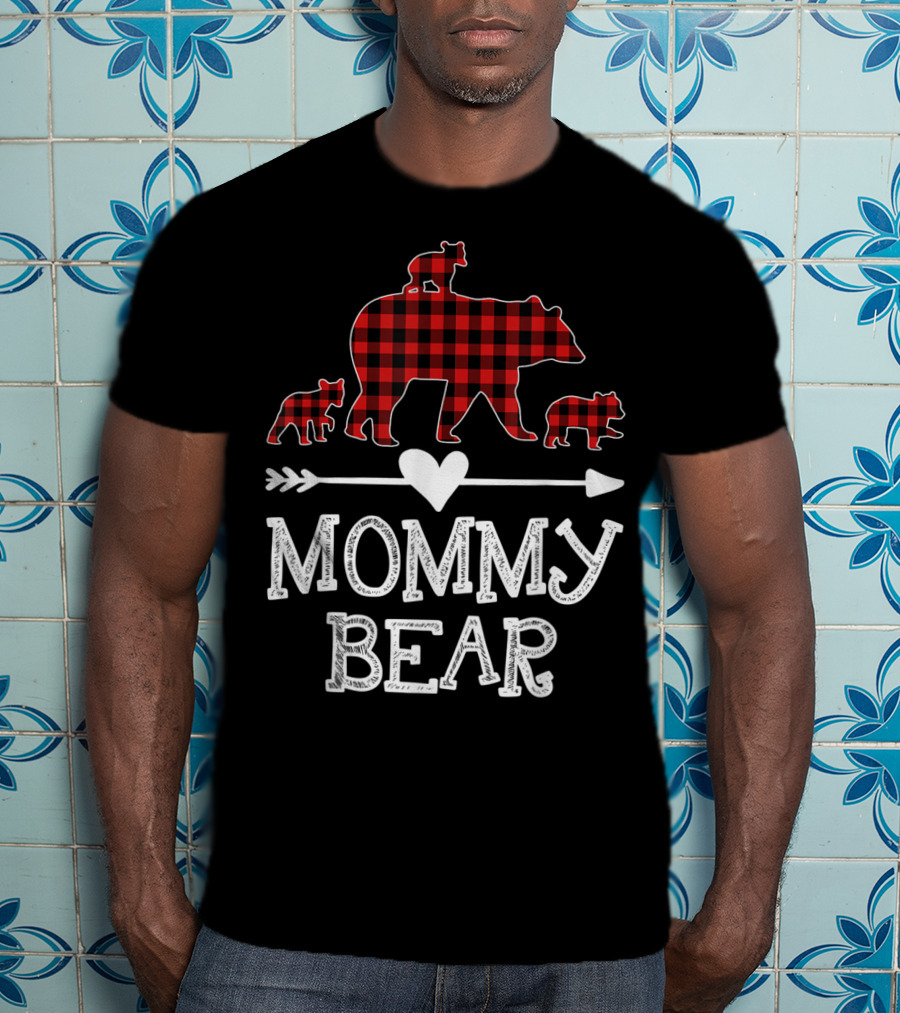 Mommy Bear Red Plaid Three Cubs Heart Arrow T-Shirt