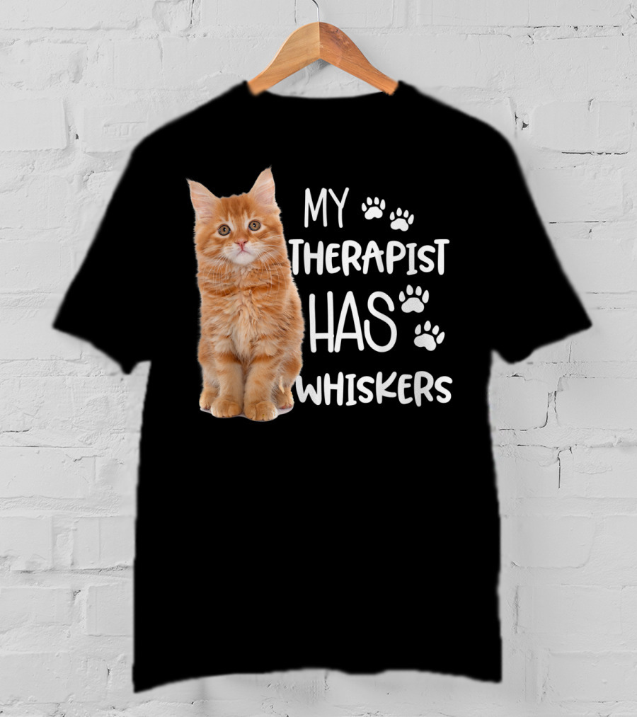 My Therapist Has Whiskers Funny Cat Lovers With Paw Prints And Orange Kitten T-Shirt