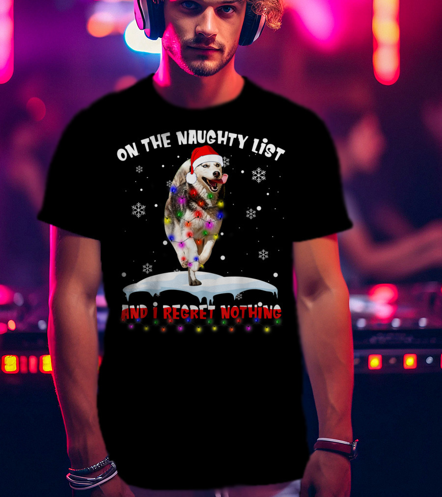 On The Naughty List And I Regret Nothing Husky In Santa Hat With Christmas Lights And Snowflakes T-Shirt