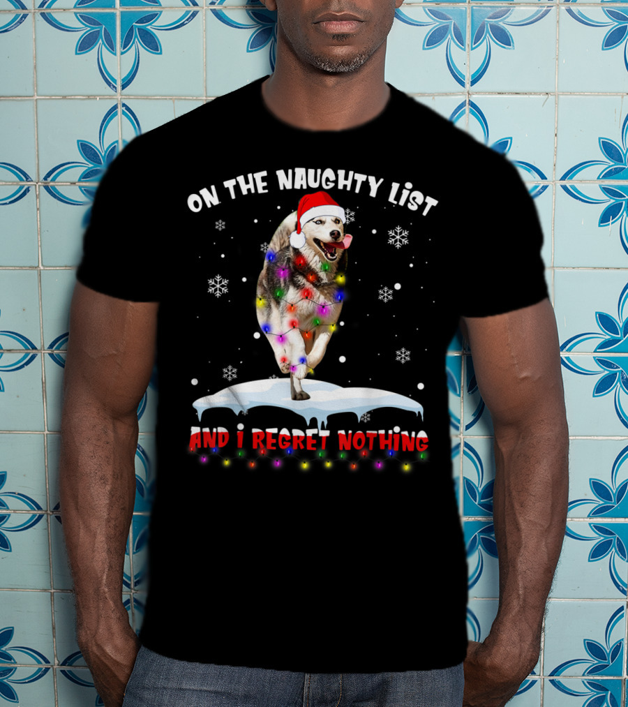 On The Naughty List And I Regret Nothing Husky In Santa Hat With Christmas Lights And Snowflakes T-Shirt