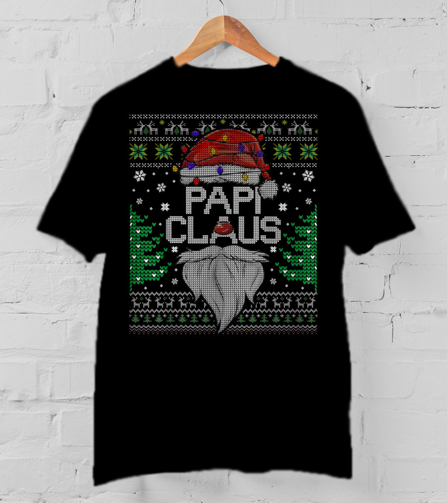 Papi Claus Santa Ugly Christmas Sweater Lights Beard Trees Snowflakes T-Shirt