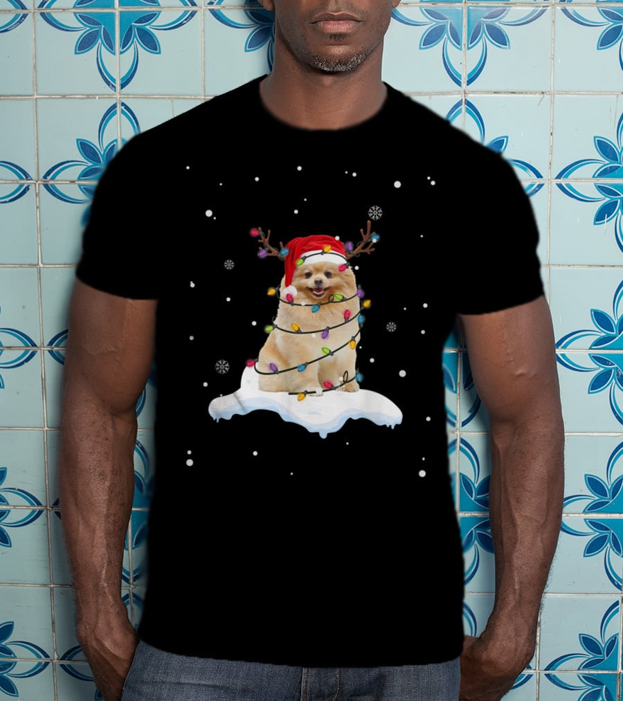Pomeranian Santa Hat Wrapped In Christmas Lights With Reindeer Antlers And Snowflakes T-Shirt
