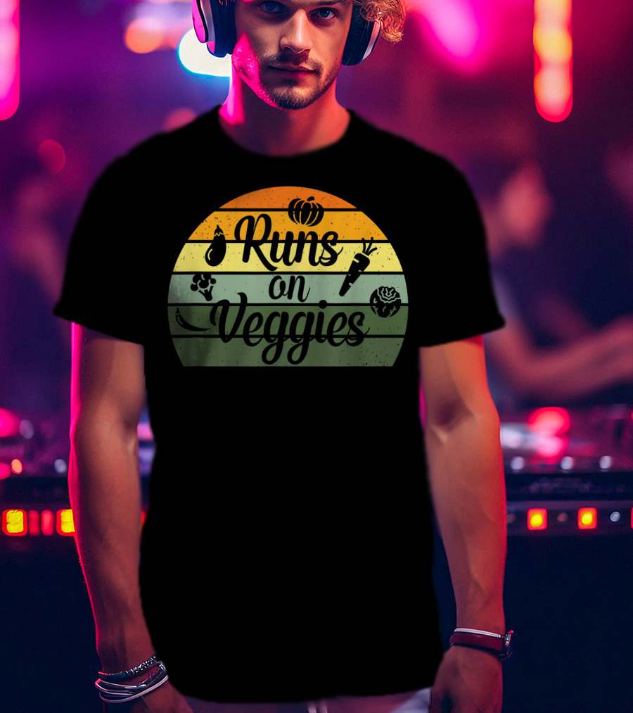 Runs On Veggies Retro Vintage Style Vegetarian Vegan T-Shirt