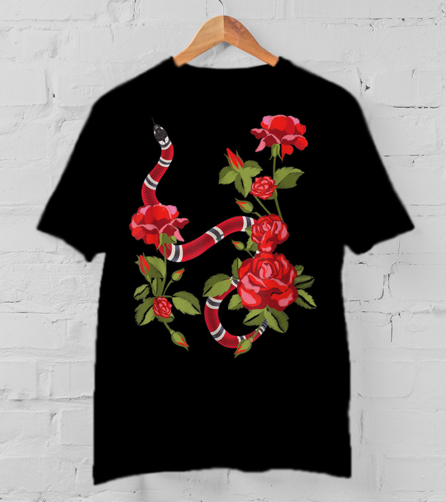 Royal Striped Snake And Flower Red Roses Botanical T-Shirt