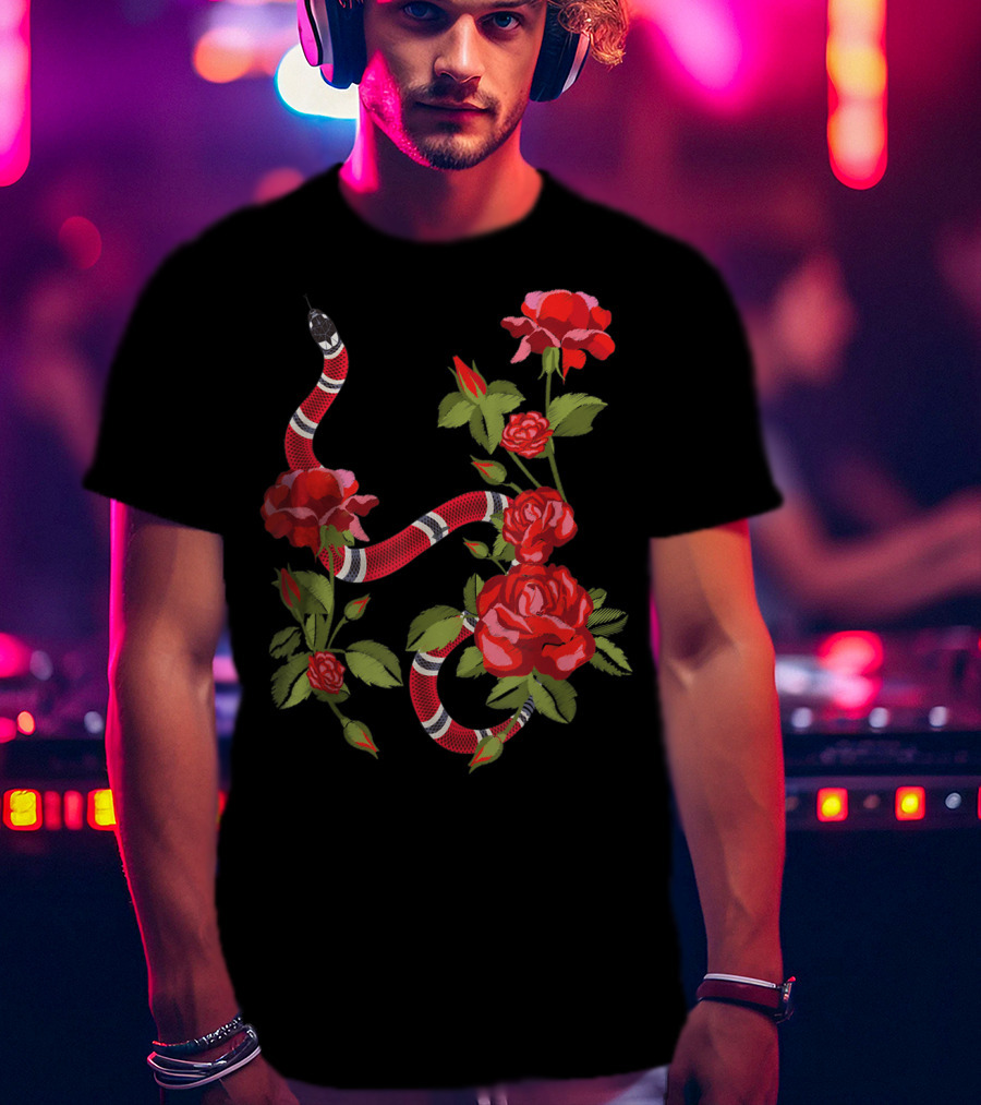 Royal Striped Snake And Flower Red Roses Botanical T-Shirt