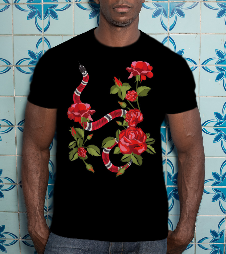 Royal Striped Snake And Flower Red Roses Botanical T-Shirt