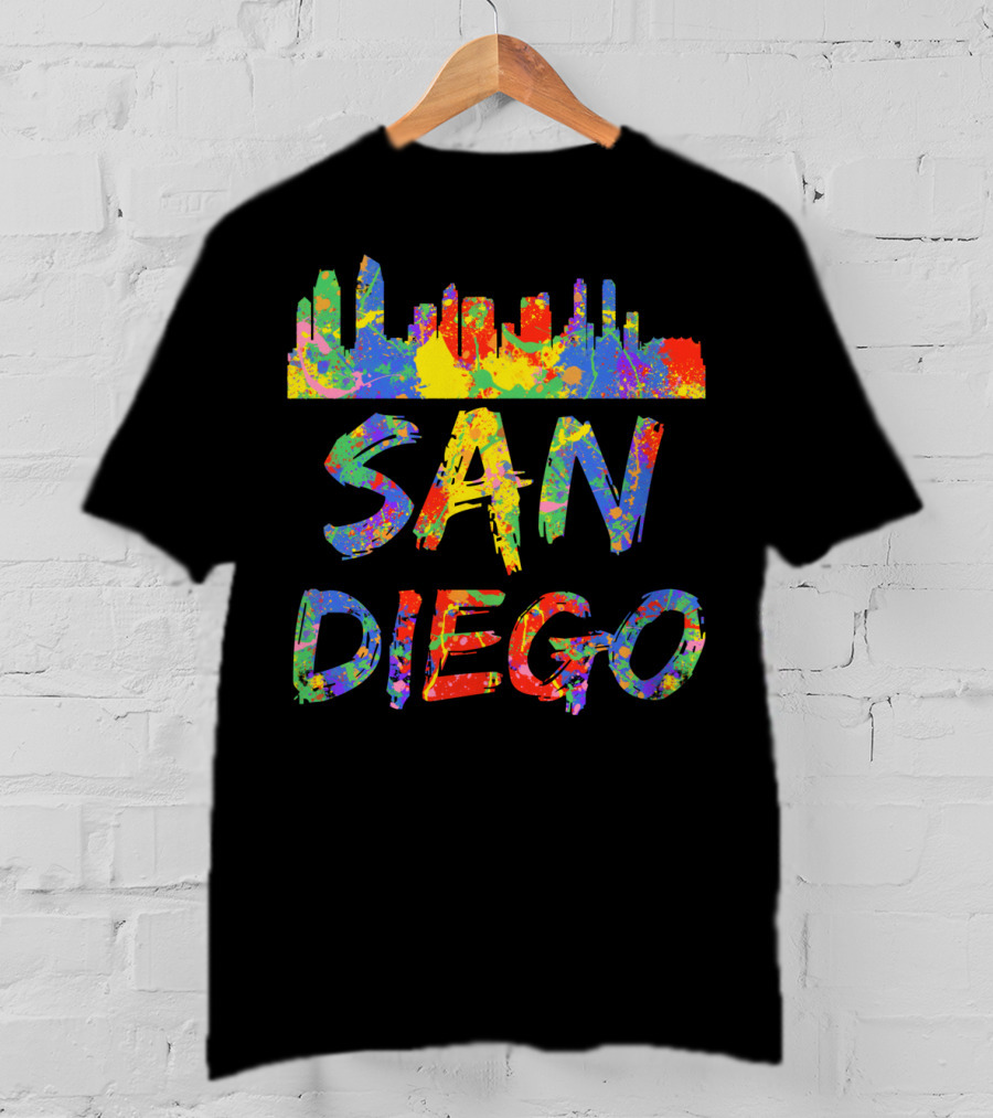San Diego Rainbow Skyline Cali City Vibrant Text T-Shirt