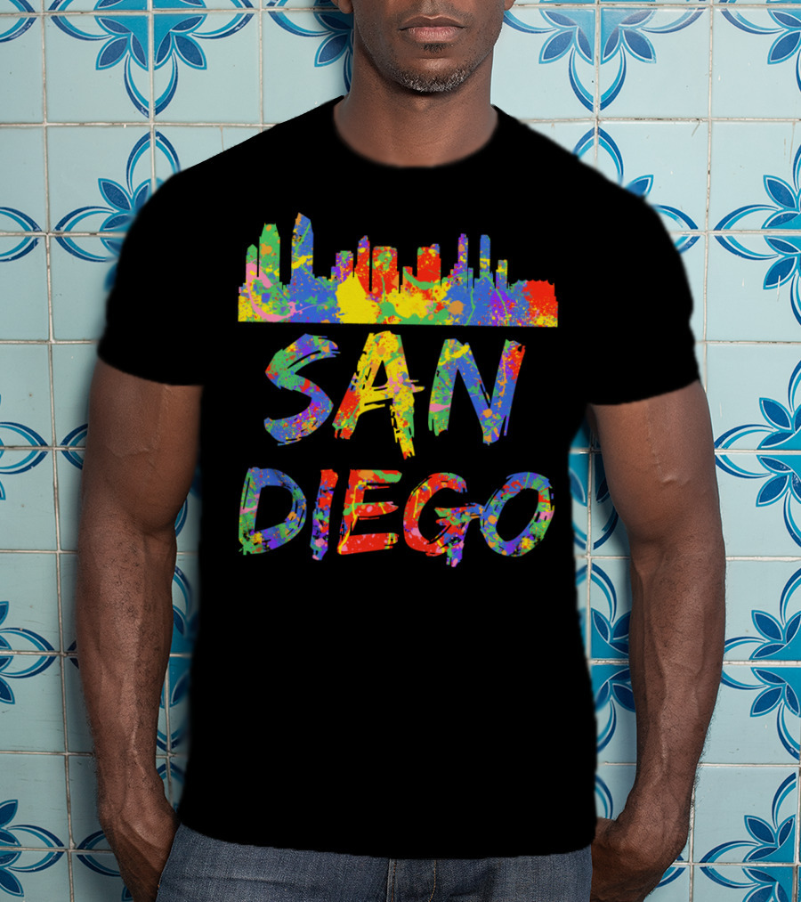 San Diego Rainbow Skyline Cali City Vibrant Text T-Shirt