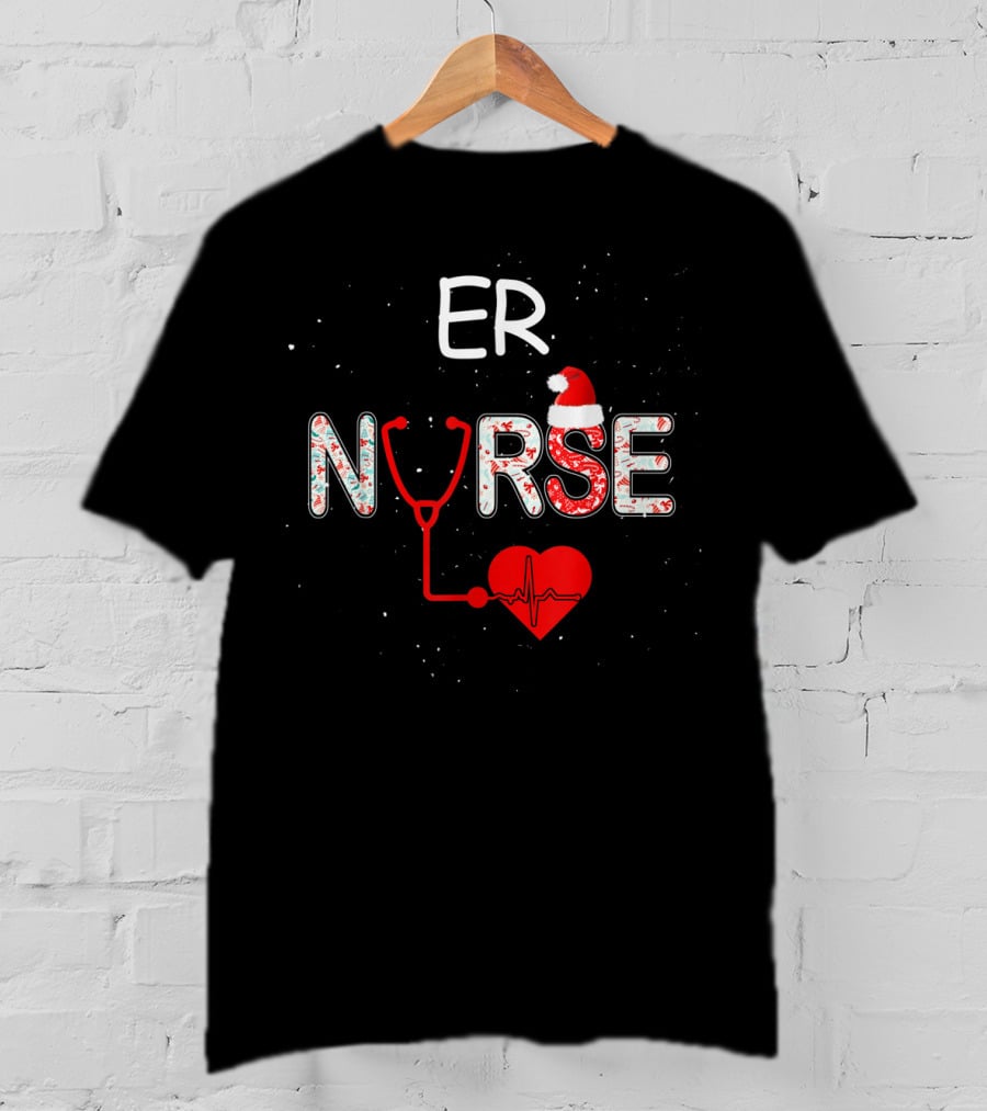 ER Nurse Christmas Santa Hat Stethoscope Heart Xmas Nursing T-Shirt
