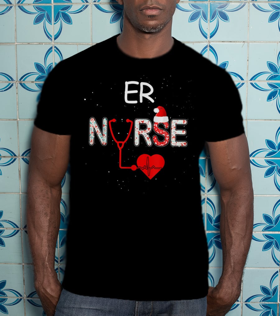 ER Nurse Christmas Santa Hat Stethoscope Heart Xmas Nursing T-Shirt