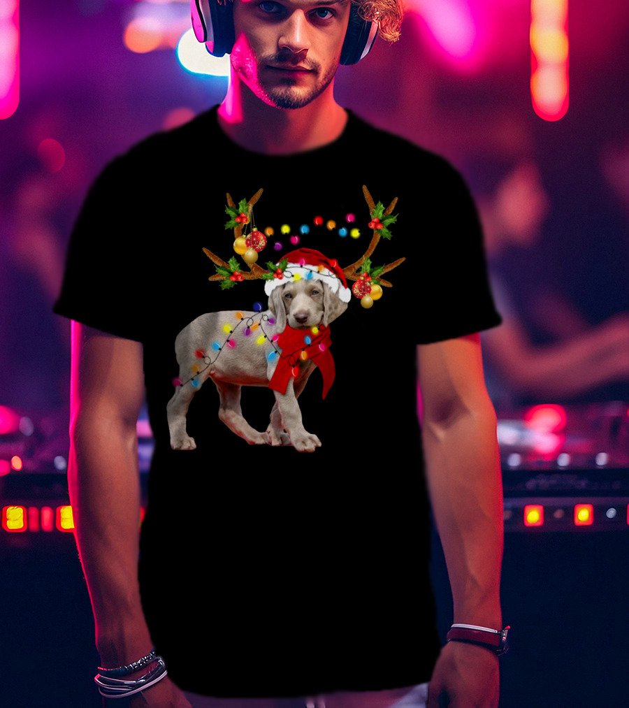Santa Weimaraner Reindeer Christmas Lights T-Shirt