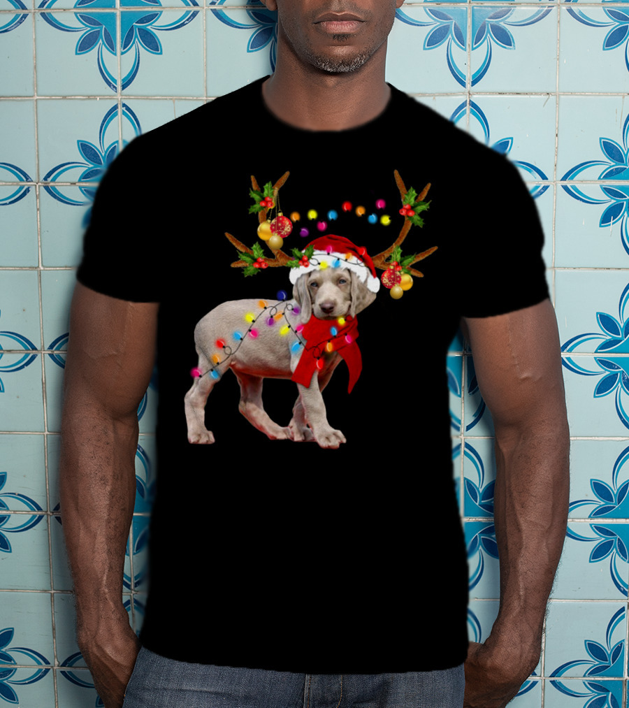 Santa Weimaraner Reindeer Christmas Lights T-Shirt