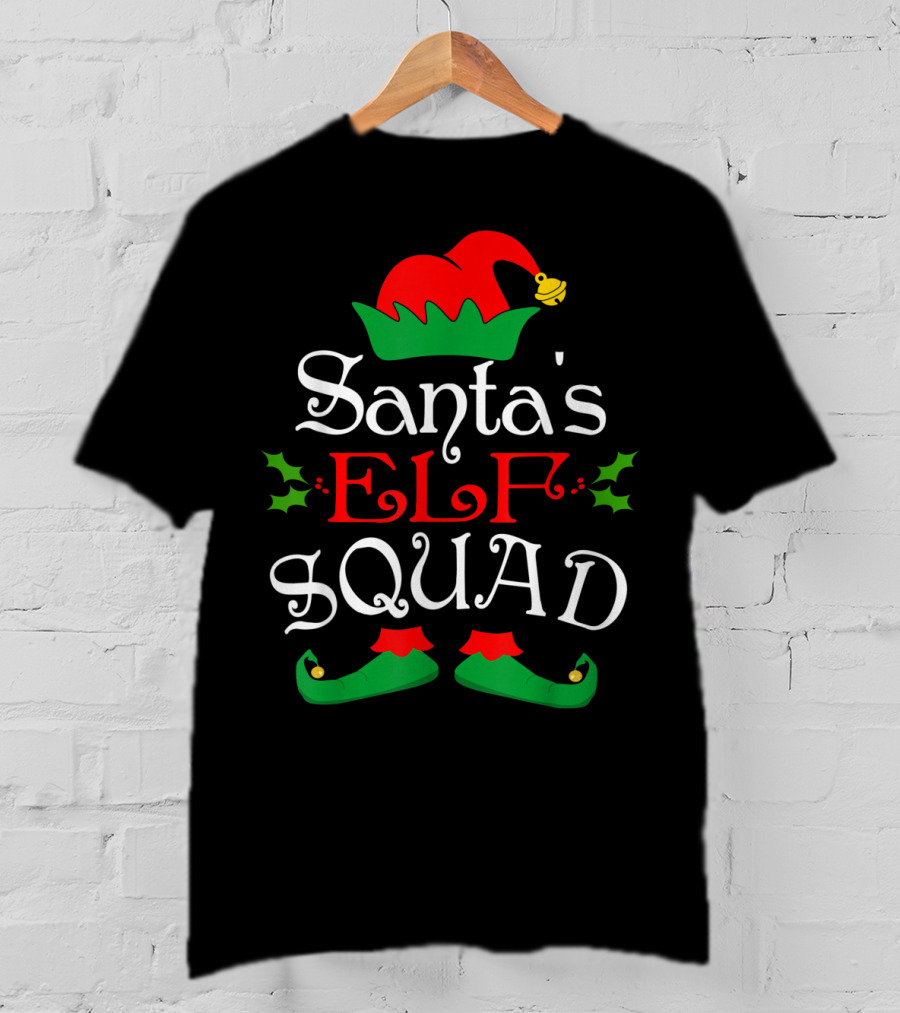 Santa's Elf Squad Christmas Elves Festive Holiday Team With Holly And Elf Hat T-Shirt
