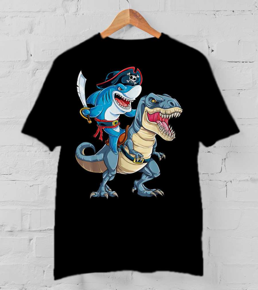 Shark Pirate Riding Dinosaur Rex Jawsome Adventure T-Shirt