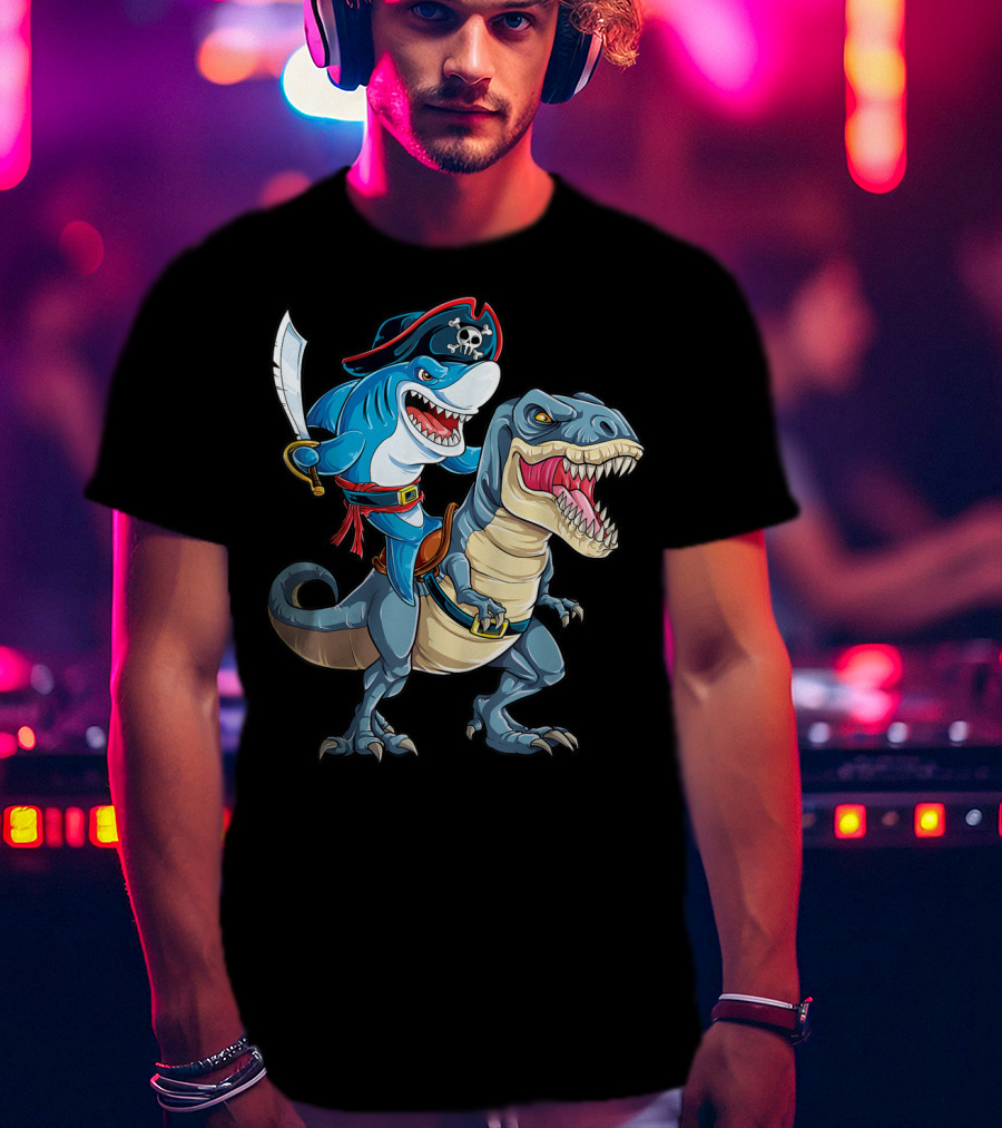 Shark Pirate Riding Dinosaur Rex Jawsome Adventure T-Shirt