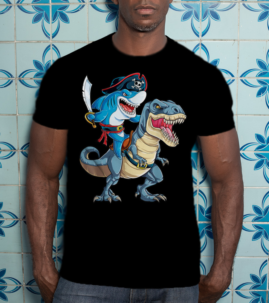Shark Pirate Riding Dinosaur Rex Jawsome Adventure T-Shirt