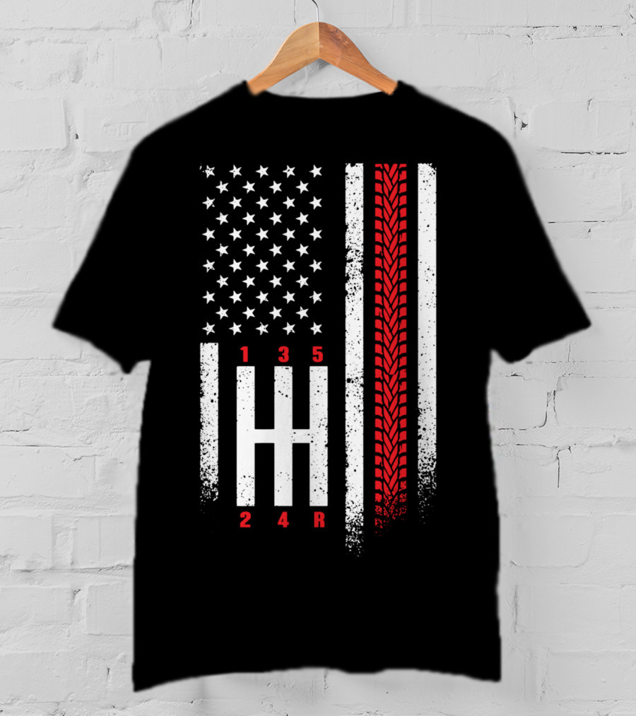 Shift Mechanic Gears American Flag Racing Tire Tracks T-Shirt