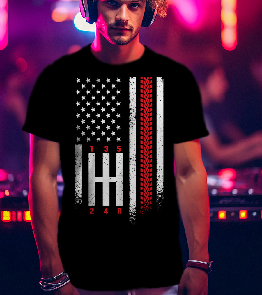 Shift Mechanic Gears American Flag Racing Tire Tracks T-Shirt