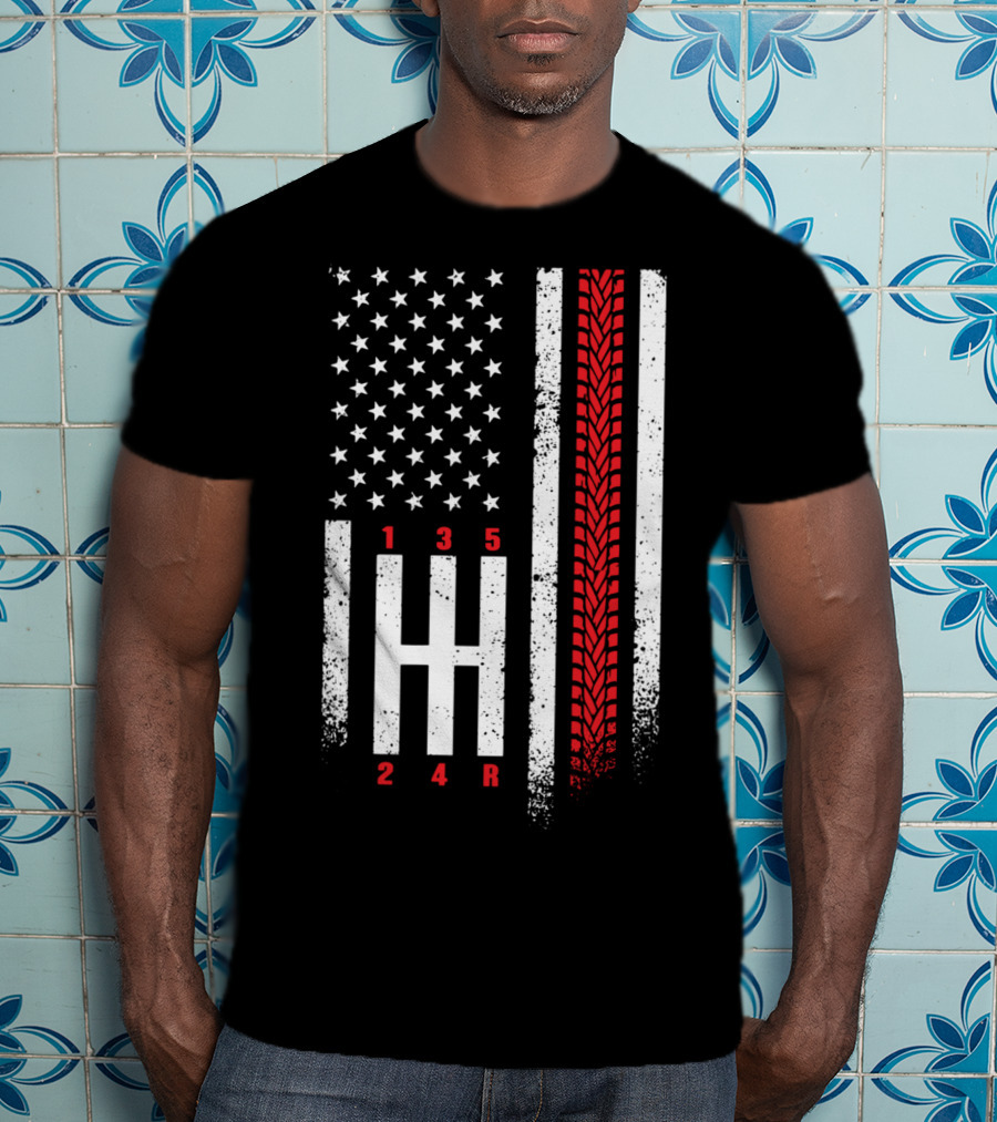 Shift Mechanic Gears American Flag Racing Tire Tracks T-Shirt