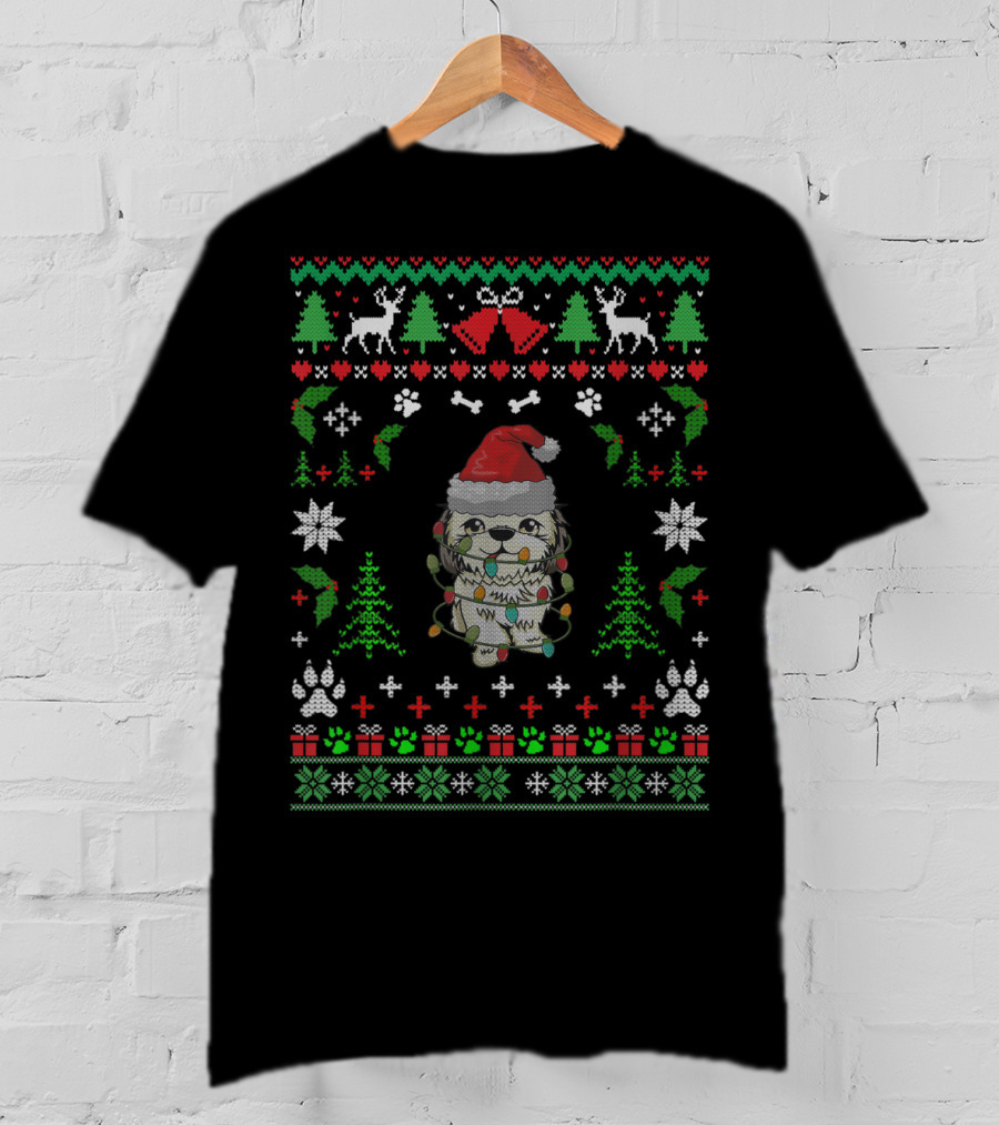 Shitzu Christmas Reindeer Santa Hat Ugly T-Shirt