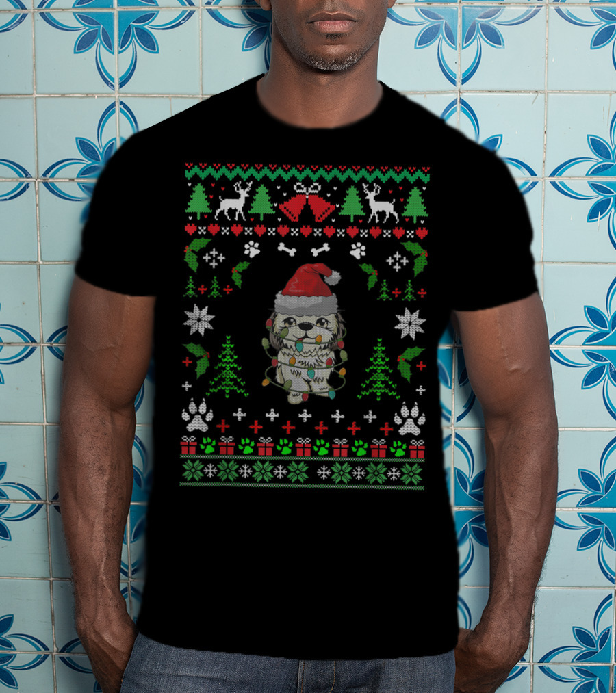 Shitzu Christmas Reindeer Santa Hat Ugly T-Shirt